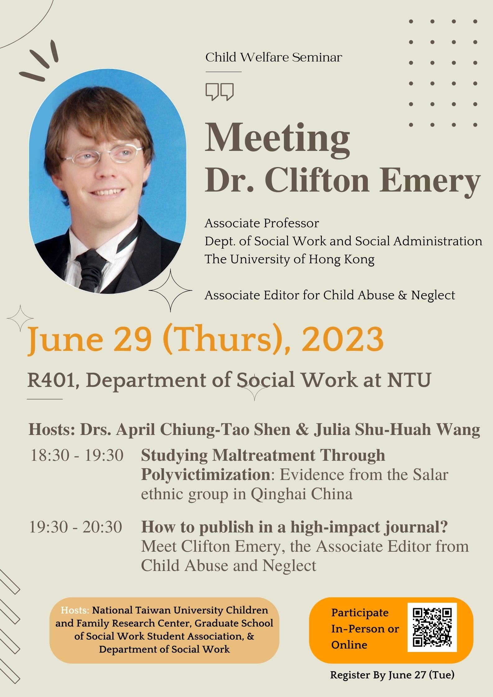 【活動資訊】6/29(Thurs.) Child Welfare Seminar－Meeting Dr. Clifton R. Emery